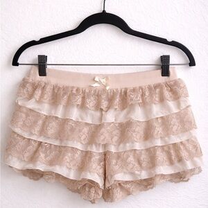 Beige Lace Ruffle Sleep Shorts with Bow Accent